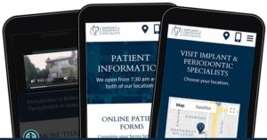 Implant & Periodontic Specialists' new website on three phone screens